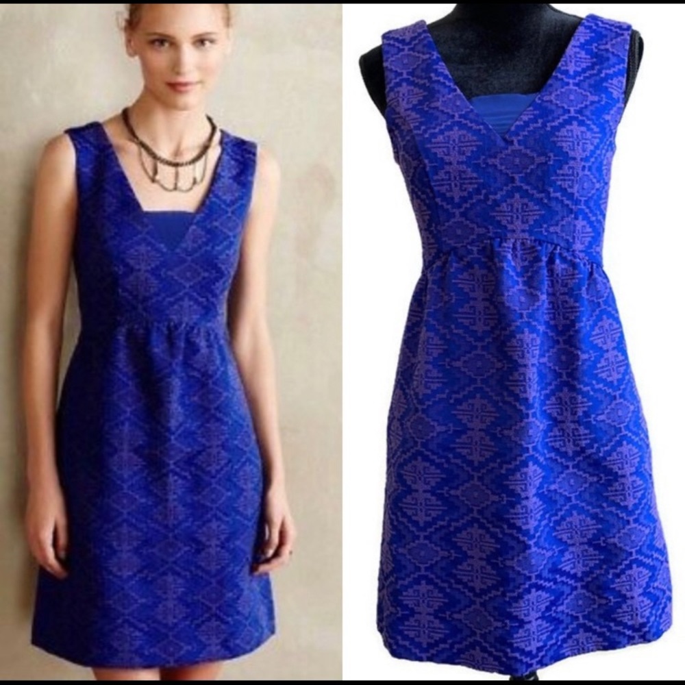 Maeve Anthropologie Blue Aztec fit and flare dress